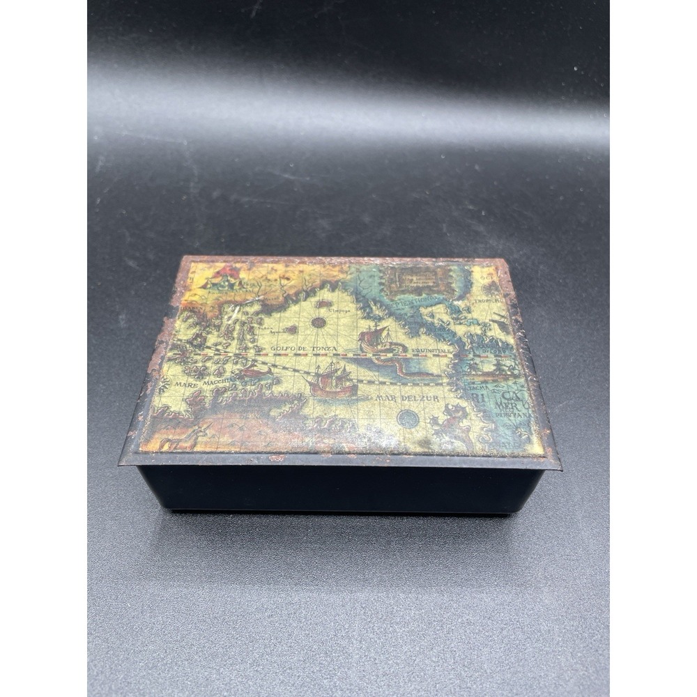 Vintage Japan Map Design Trinket Box Metal Top Plastic Base 5" Long Storage